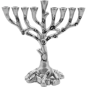 The Dreidel Company Hanukkah Menorah Tree of Life Mini, Pewter Finish for Chanukah, Fits Most Standard Candles