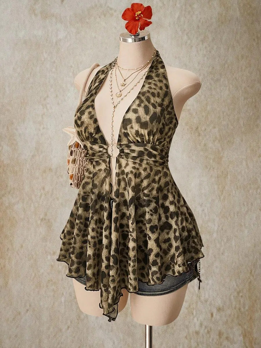 HANNA x Plus Size Y2K Style Asymmetrical Hem Hollow-Out Babydoll Halter Neck Knit Camisole