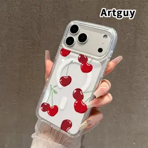 Clear Phone Case for iPhone 17 16  Pro Max Plus 15 14 13 12 11 Air E Cherry Reverie  Pattern Magnetic Sunction Acrylic Back Full Body Protective Cover