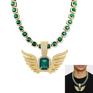 Angel Wing Pendant with Green Square Tennis Chain Sliver Gold Plated Baguette Chain Clustered Diamond Tennis Necklace Bracelet Hip Hop Jewelry for Men Women Birthday Wedding Gifts