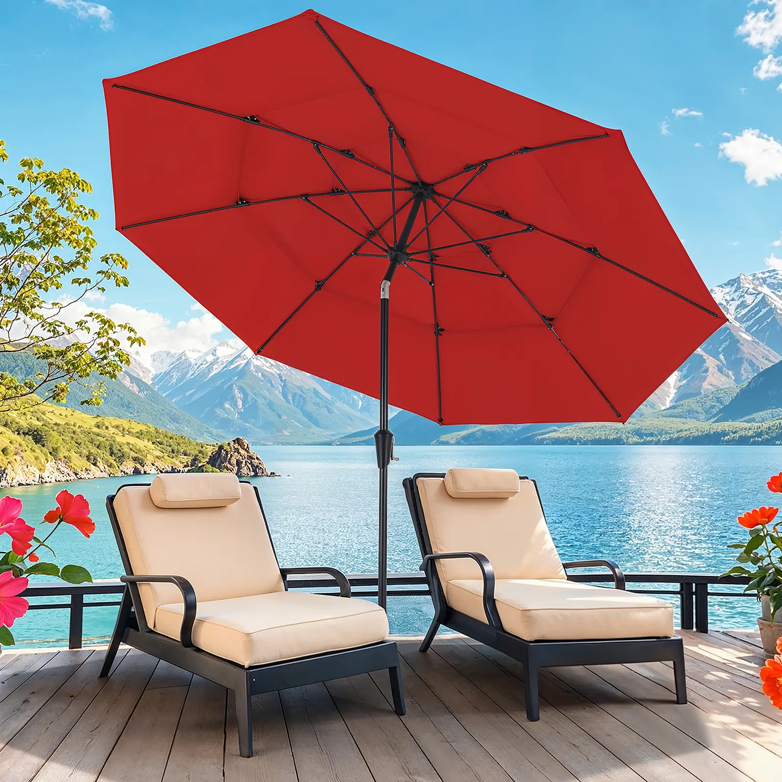 10 FT Patio Umbrella, 3 Tier Outdoor Table Umbrella with 8 Sturdy Glass Fiber Ribs and Push Button Tilt, Outdoor Patio Umbrellas for Market Pool Garden Backyard, 1.5" Pole, umbrellas for patio