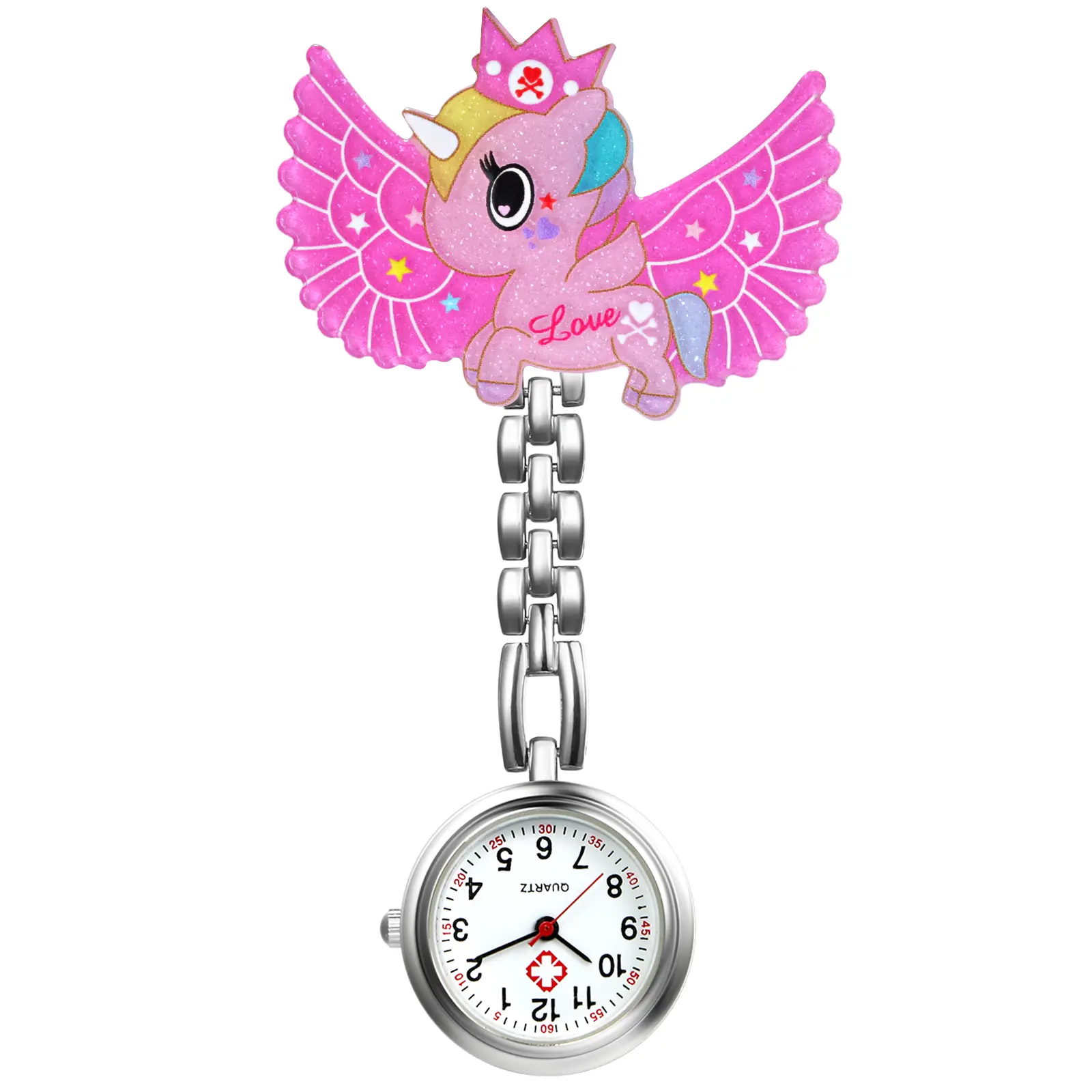 OIDEA Cute Pony & Unicorn Pin-On Brooch Nurse Watch for Women, Reliable Quartz Alloy Watch, Eco Acrylic Decoration, 1ATM Water Resistance, 4 Styles, Fashion Accessories, Watches