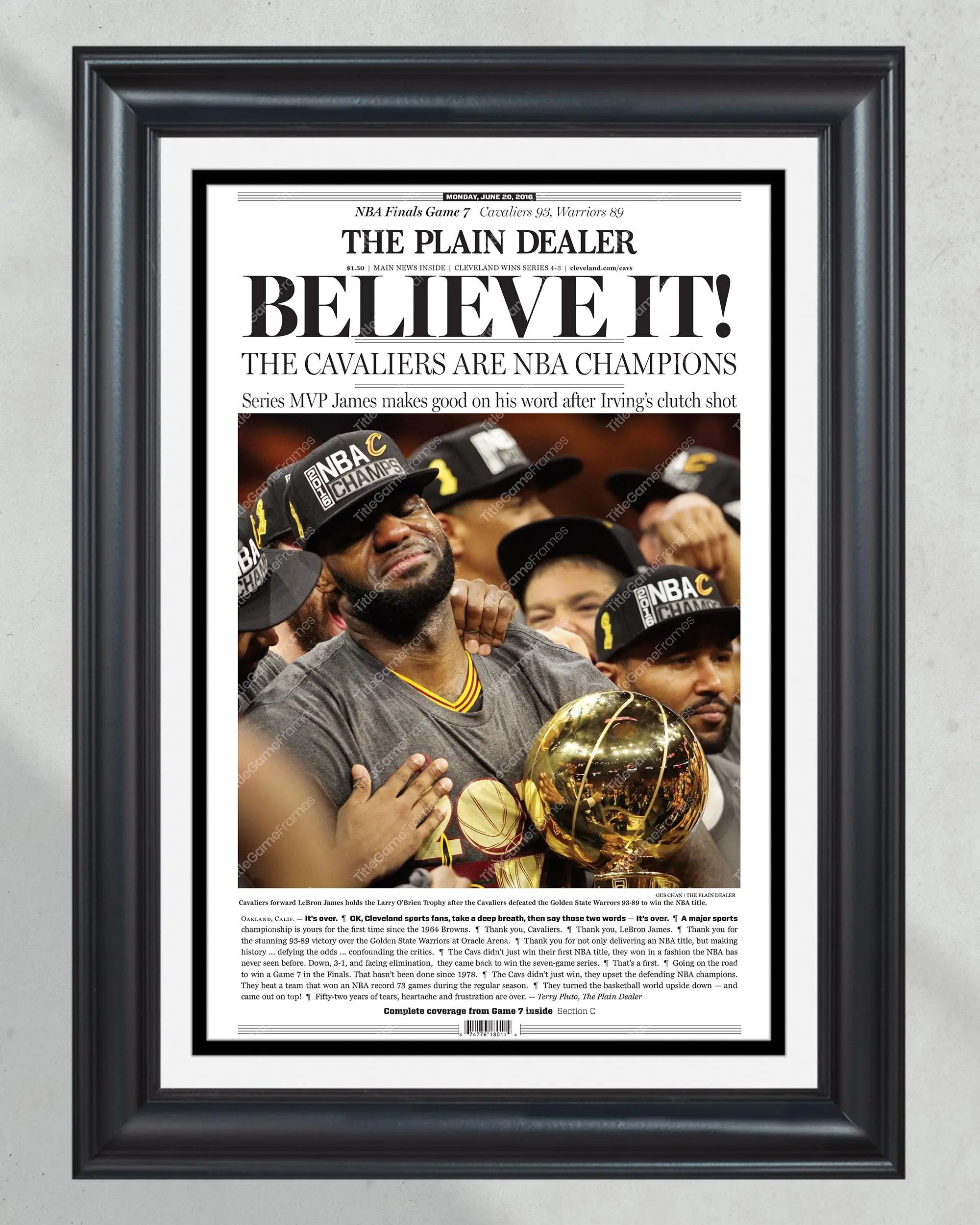2016 Cleveland Cavaliers Championship Newspaper Print, Lebron James, poster unframed