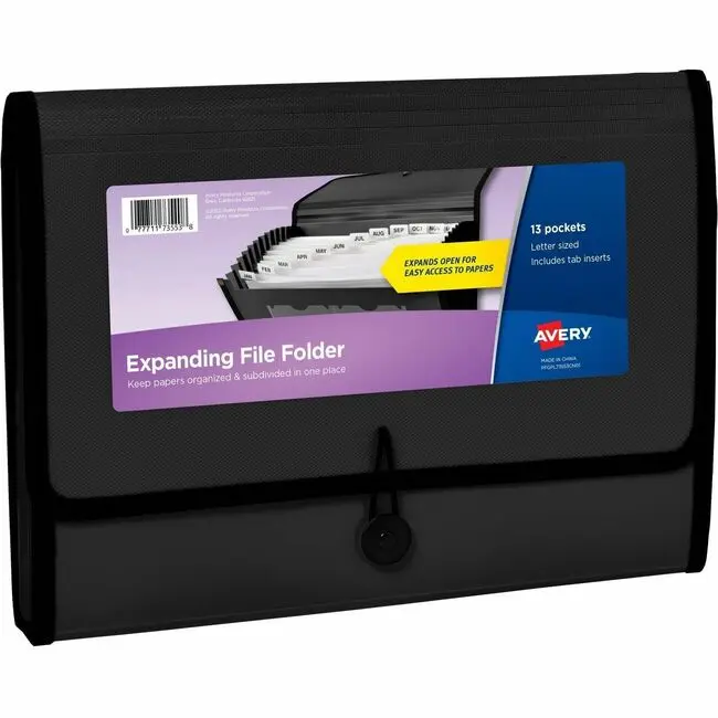 Avery AVE73553 13-Pocket Black Polypropylene Expandable Cord Management Folder with Card Holder, Tab Inserts, Chlorine-Free Elastic Close, Accordion Fold, Letter Sized Office Filing Supply for Home & Office Docs Organization, Cord Closure