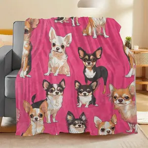 [Flannel Throw Blanket] Contemporary Geometric Chihuahua Print Flannel Throw Blanket - All-Season Soft Cozy Bedspread, Vibrant Pink & Multicolor Dog Design for Home Decor, Gift for Pet Lovers, Playful Pattern | Quality Material