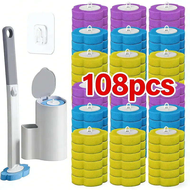 Disposable Toilet Brush Set with 1pc + 108 Replacement Heads, ABS Plastic Base, Wall/Floor Mountable, Easy Setup, Fresh-Use Design, All-Inclusive Home Bathroom Cleaning Supply, Toilet Brush 1Pc + 108Replacement Heads