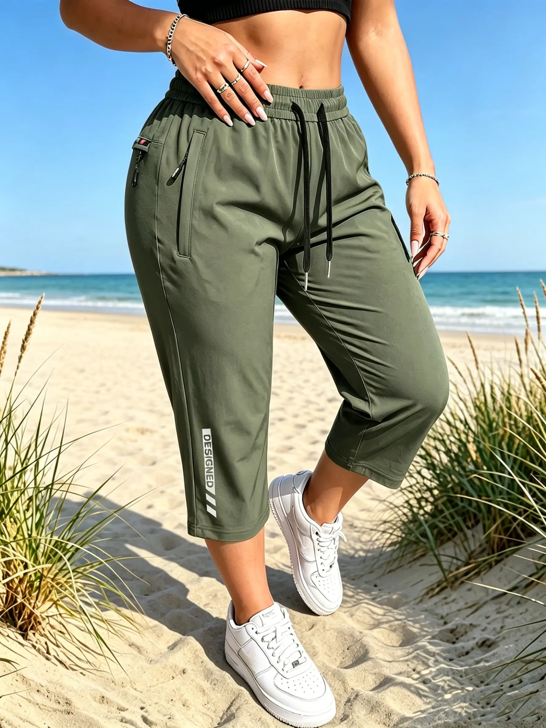 High-Stretch Ice Silk Capri Pants for Women Quick-Dry Lightweight 7/8 Jogger Pants with 3 Zipper Pockets, Elastic Waist Athletic Casual Trousers for Running, Gym & Everyday Wear Womenswear