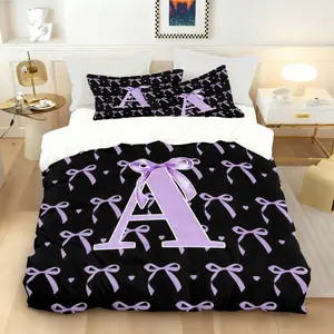Purple Bow Monogram A-Z Letter Duvet Cover Set, Coquette Style 2/3 Piece Bedding Set for Bedroom, Dorm & Guest Room (1 Duvet Cover + 1/2 Pillowcases)