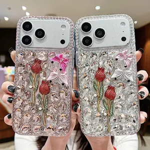 【De Yi】3D DIY Tulip with Two Butterflies, Rhinestone Fashion Design Phone Case With Spare Diamonds For Apple 17/16 Pro Max/Pro Mobile Phone Case for Girls Women, Flexible TPU+PC Shell Guards Against Scratches, Bumps And Drops