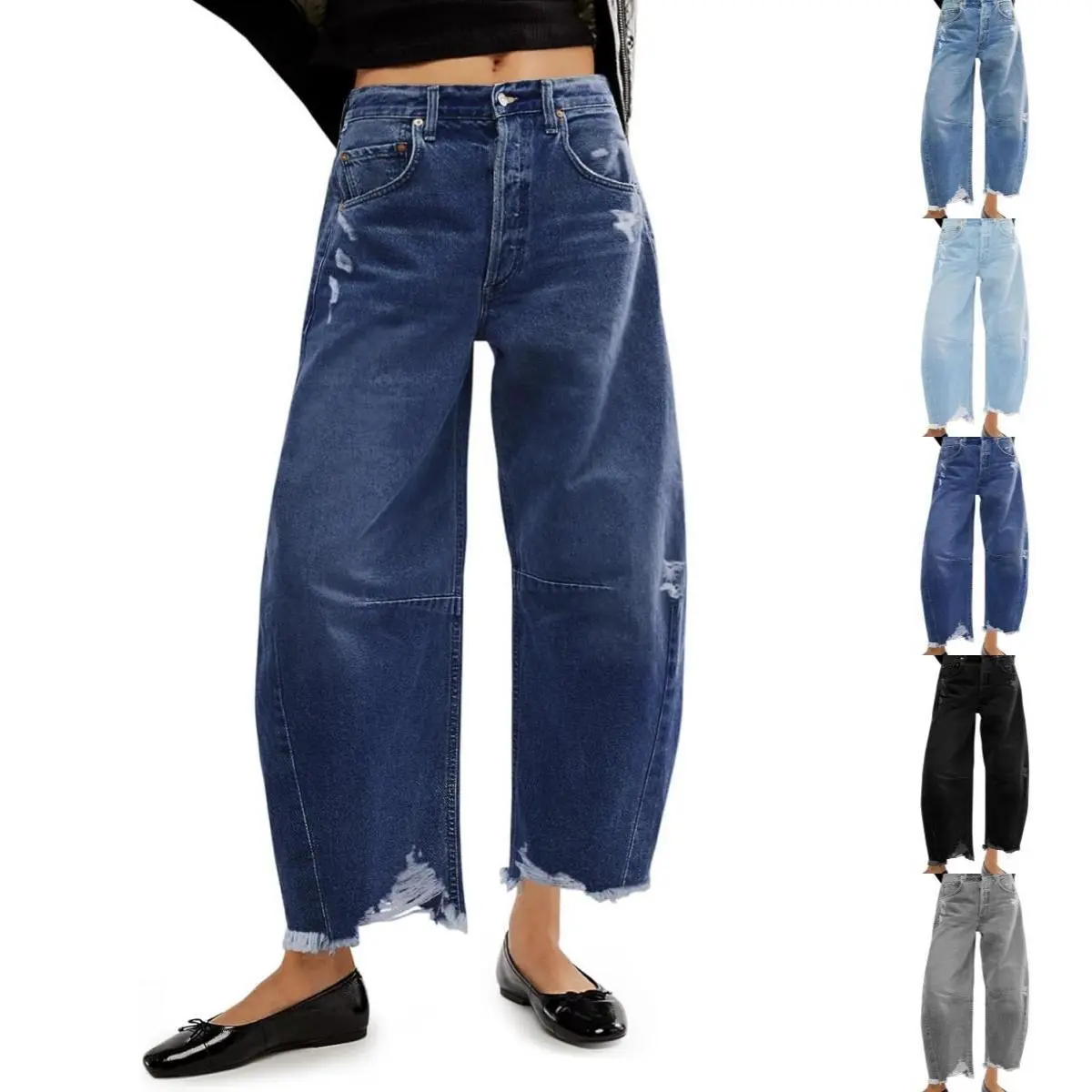 Imily Bela Women's Baggy Barrel Leg Cropped Raw Hem Denim Bottoms, Wide-Leg Boyfriend Jeans, Loose Streetwear Everyday Pants, Blue Baggy Jeans Outfits, Barrel Leg Jeans