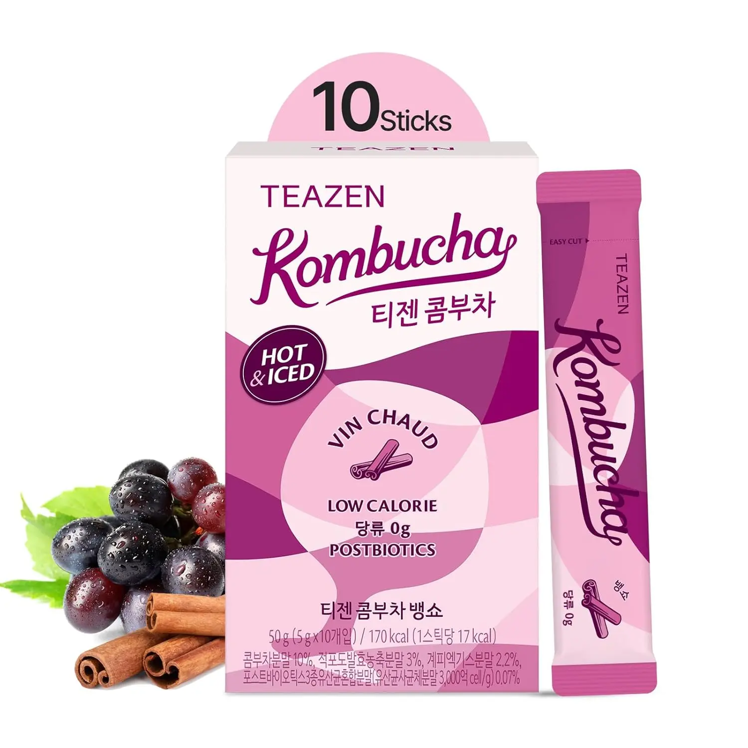 TEAZEN Kombucha Tea, Cinammon Tea, Hot or Iced, Zero Sugar, Sparkling Fermented Powdered Mix Beverage from Korea, Live Probiotics & Prebiotics, 10 Sticks, 1.76oz (Mulled Wine)