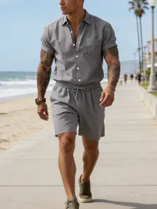 Men's Linen Two-Piece Set, Short Sleeve Shirt and Shorts, Casual Breathable Lightweight, Lapel Open Front Pocket Design, Tropical Summer Beachwear