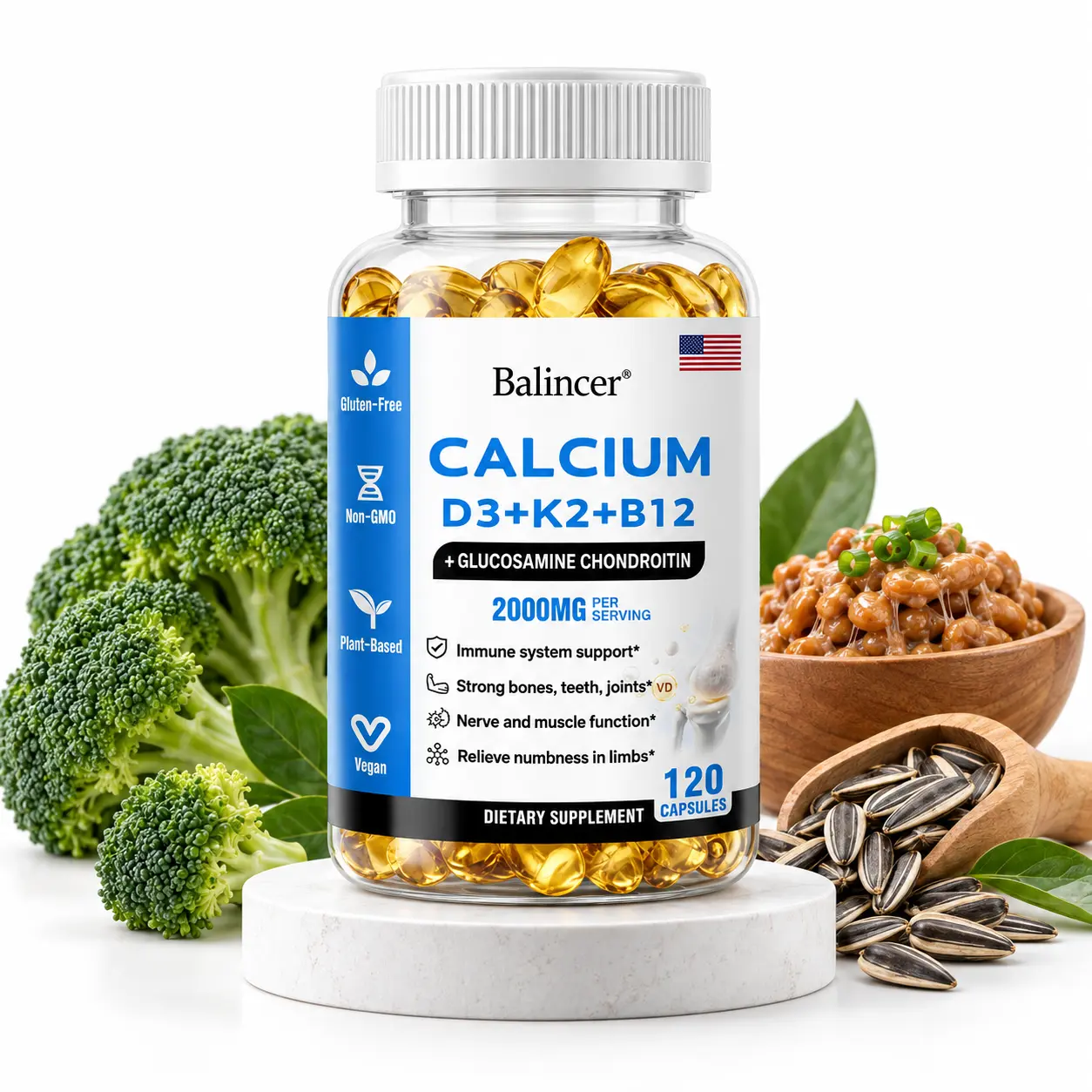 Balincer Calcium D3 K2 B12 Supplement, 120 Capsules with Calcium, Vitamin D3, Vitamin K2 and B Vitamins, Daily Bone Health & Structural Wellness Support