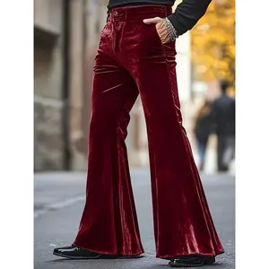 Men's Velvet Flare Pants - Soft, Comfortable Green Bell Bottoms with Pockets for Everyday & Party Wear, Loose Fit, Glossy Finish, Machine Washable