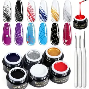 SAVILAND Spider Gel Nail Art Set – 6-Color (White, Black, Red, Blue, Gold, Silver) Wire Drawing Gel Polish with Nail Brushes for Line Design, Painting & Nail Art DIY