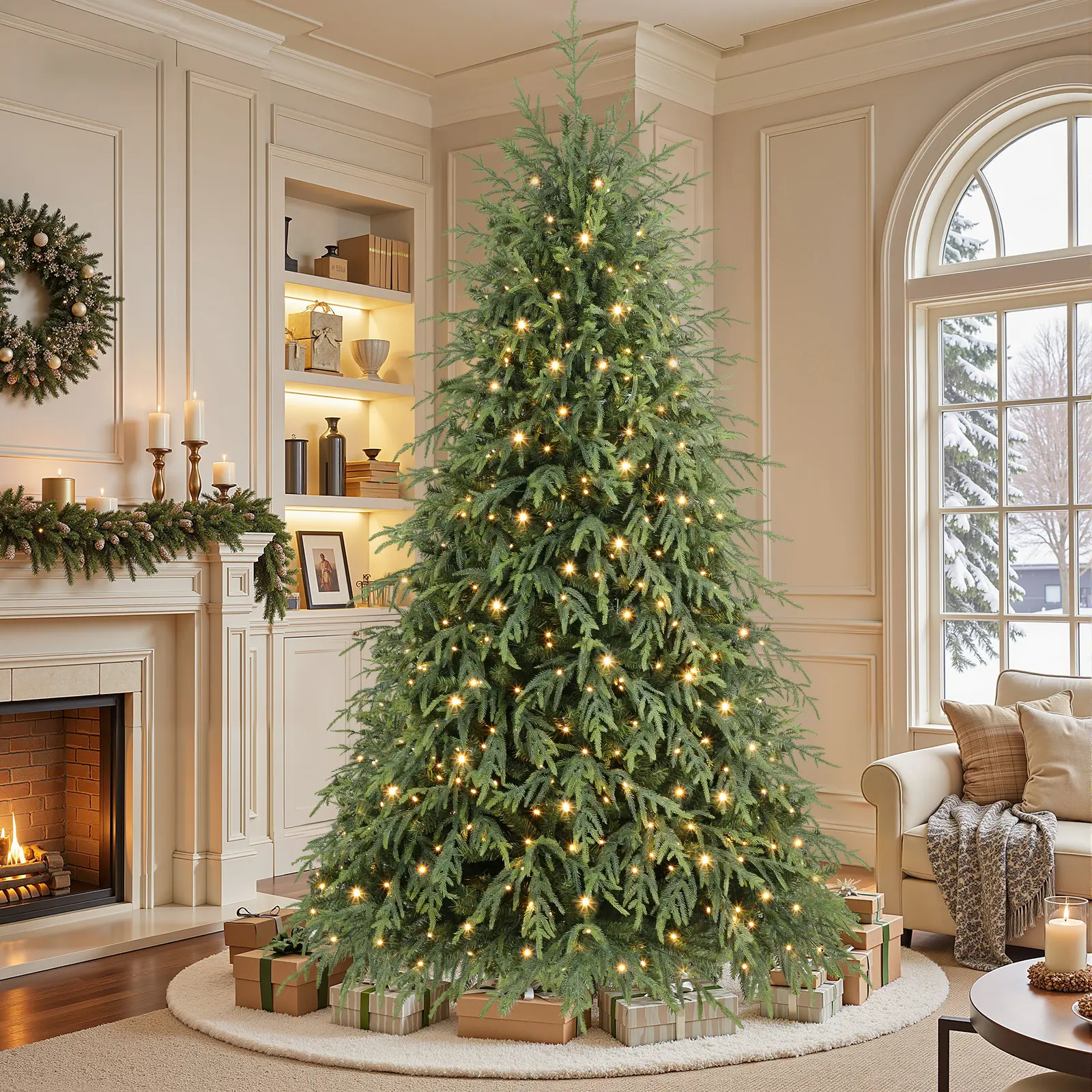 SHareconn 2026 Hinged Synthetic Norfolk Pine Artificial Christmas Tree (5.5/6.5/7.5/8/9FT) with Remote Control, Multicolored LED Lights, 17 Modes, PE-PVC Branches for Home Supplies Decoration Room Decor