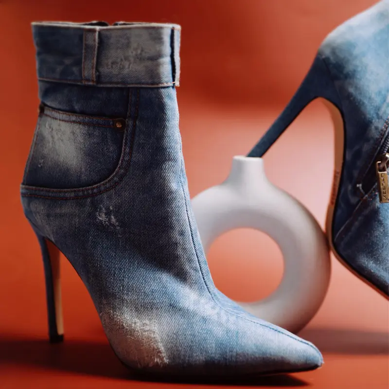 【JENS-1】Belovely Denim high-heeled ankle boots with pointed toes (ORDER SIZE UP!!) Girl Women Insole Soft Comfort Padded Rubber Shoe Footwear Walking Shoes Nail Casual