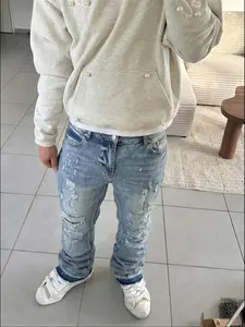 Men's Distressed Denim Jeans, Y2K Stackable Pants, Loose-Fitting Button Fly, All Seasons Casual Wear, Patchwork Design, Denim Western Jeans