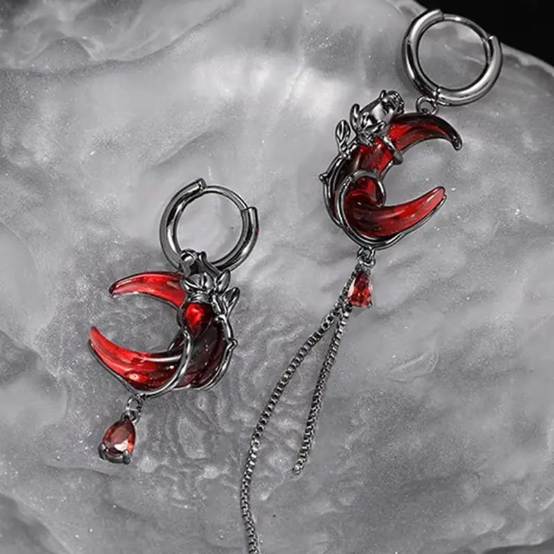 Dark Punk Crescent Asymmetric Fringe Earrings, Trendy Unique Women's Rose Design Creative Party Earrings, Fashionable Jewelry Accessories Punk Style Earrings