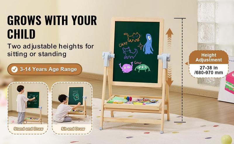 VEVOR 2-in-1 Kids Art Easel Double-Sided Wooden Magnetic Whiteboard Chalkboard，Christmas gift