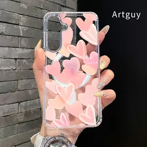 Magnetic Phone case for  Samsung Galaxy S26 Edge S23 Ultra S24 Plus FE S25 S22+ Heart Whispers Pattern Non-Yellowing Shockproof Soft Silicone Transparent Acrylic Large Hole Cover Supports Wireless Charging