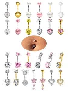 Belly Button Ring Navel Piercing Jewelry Belly Rings for Women Silver Gold Stainless Steel Dainty Belly Button Piercing Heart Flowers Reverse Belly Piercing 10mm