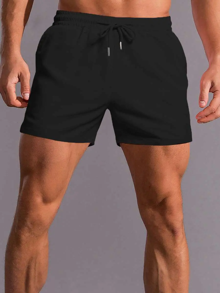 YAMAN Men's Solid Color Loose Fit Drawstring Waist Shorts Plain Workout Casual Drawstring Plain Black Shorts, For Husband, Boyfriend Gifts