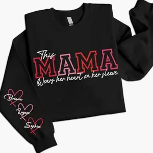 Personalized This Mama Wears Her Heart on Her Sleeve Sweatshirt/Tshirt/Hoodie, Mama Sweatshirt with Kid Names, Custom Shirt for Mom, Mothers Day Gift, New Mom Gift 2