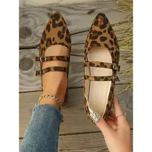 Women's Mary Jane flat shoes, leopard print buckle, comfortable casual shoes, fashionable shoes, school gift (gift)