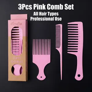 Aurawand 3Pcs Pink Hair Comb Set - Professional Wide Tooth Detangler & Tail Comb for Wet/Dry Hair Styling - Perfect for Women & Salons