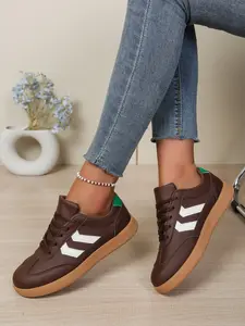 Matte PU Leather Trainers, Caramel Upper + Cream Contrast Stripes, Durable Stitching, Anti-Slip Rubber Sole, All-Season Casual Shoes