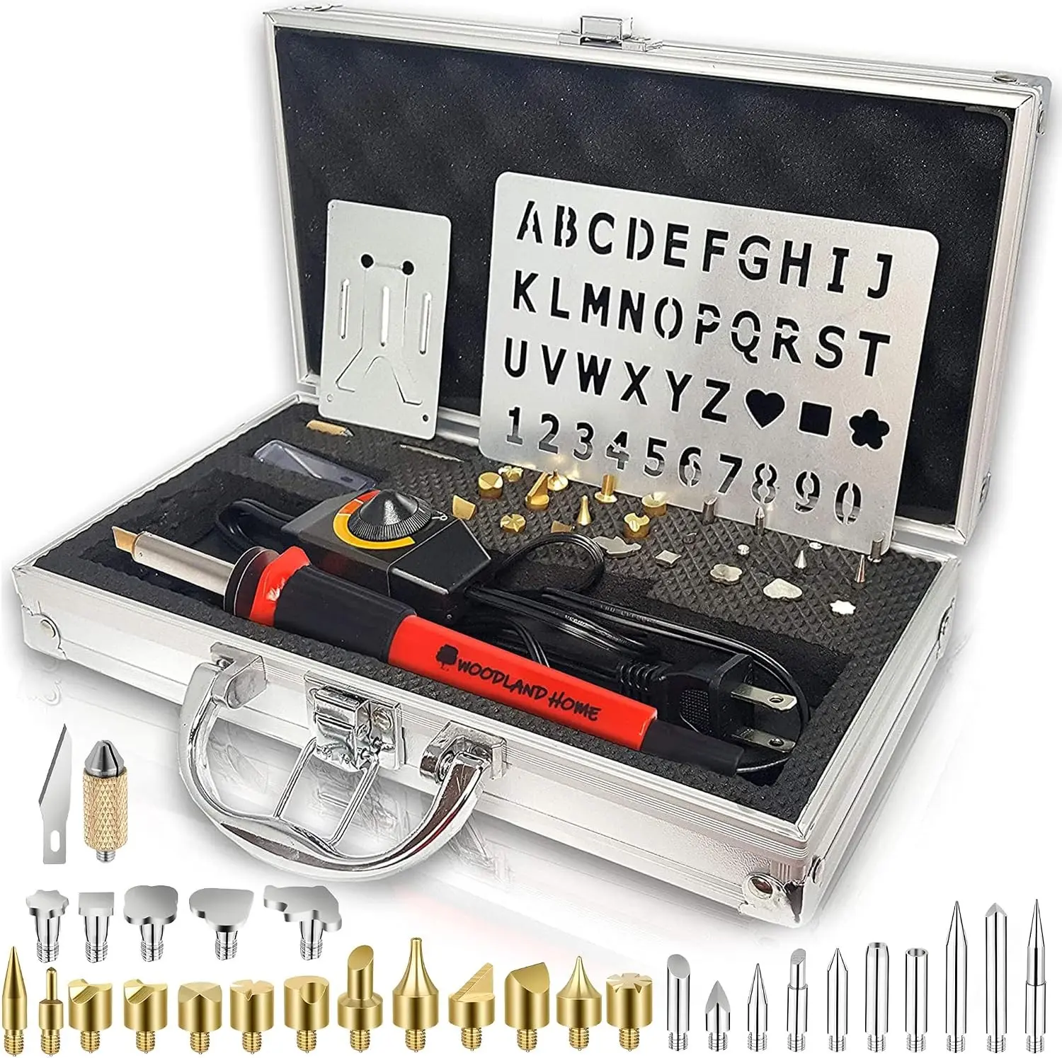 Professional Wood Burning Kit with Letters - Pyrography Pen Fully Adjustable Temperature With safety Stand - 27 Tips with Cutting Blade, Stencils and Deluxe Case