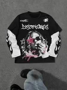 Men's Loose Fit Discoveries Hip-Hop Print Long Sleeve T-Shirt, Flame Pattern & Decoration, Soft Fabric, Casual Streetwear, Street Style, Tee