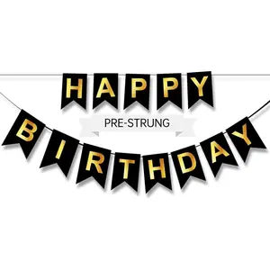 Happy Birthday Banner,Pre-Strung Black and Gold Party Decorations，16ft Pre-Strung Hanging Sign for Kids, Girls, Boys, Women – No DIY, Backdrop Supplies