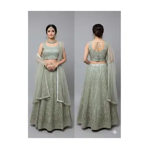 LSET-13 Elegant Sage Green Embroidered Net Lehenga Choli Set