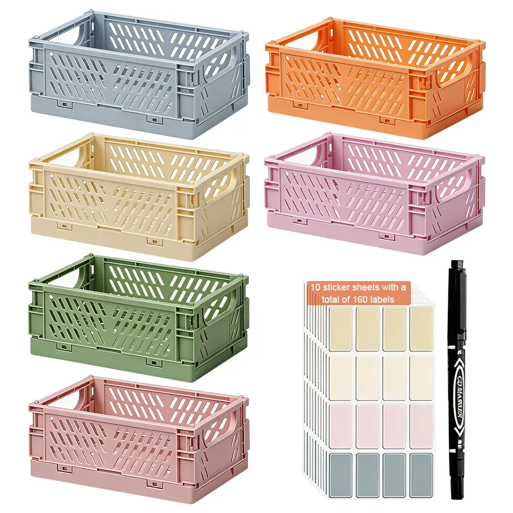 6PCS Small Pastel Plastic Storage Baskets, Collapsible Crates for Organizing, Space-Saving Mini Bins for Classroom, Kitchen, Office, Bedroom (5.98" x 3.94" x 2.4")