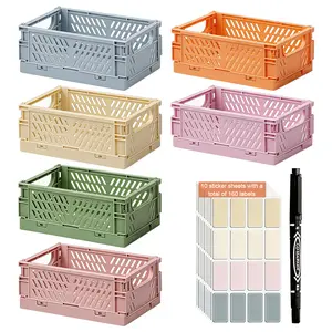 6PCS Small Pastel Plastic Storage Baskets, Collapsible Crates for Organizing, Space-Saving Mini Bins for Classroom, Kitchen, Office, Bedroom (5.98" x 3.94" x 2.4")