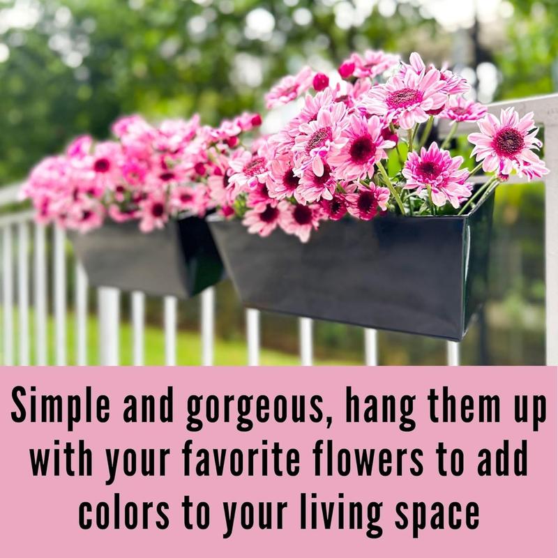 LaLaGreen Rail Planters (6 Pack, 14 Inch) Black Metal Rectangle Strawberry Window Boxes Outdoor Balcony Deck Railing Fence Hanging Flower Herb Pot with Detachable Hook Patio Porch Farmhouse Minimalist