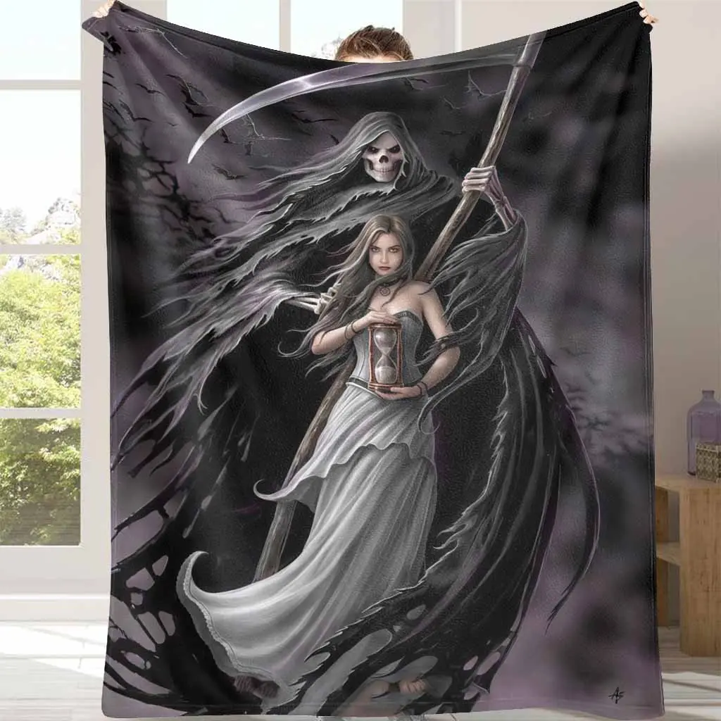 Gothic Grim Reaper Flannel Blanket - Fantasy Time Figure Print Home Textile Blanket, Ultra Soft, Lightweight, Warm, Cozy, Anti-Pilling, Wrinkle Resistant, Breathable, Durable, Halloween Decor, Gothic Home Gift, Figure Print Blanket