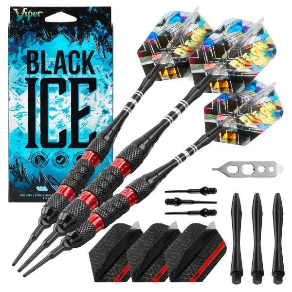 Black Ice Soft Tip Darts with Knurled Brass Alloy Barrels and Hand Taped Rings for a Consistent Grip, Featuring Aluminum Locking Shafts for a Secure Fit