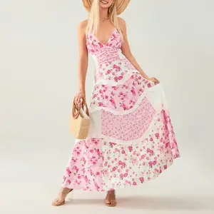 Women's Casual Summer Lace Patchwork Dress Puffy Short Halter Neck Smocked Tiered Ruffle Dresses