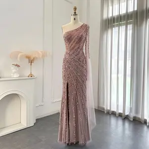 Luxury Pink One-Shoulder Mermaid Arabic Evening Dresses with Cape Sleeve and Side Slit: Ideal for Dubai Wedding Party Gowns