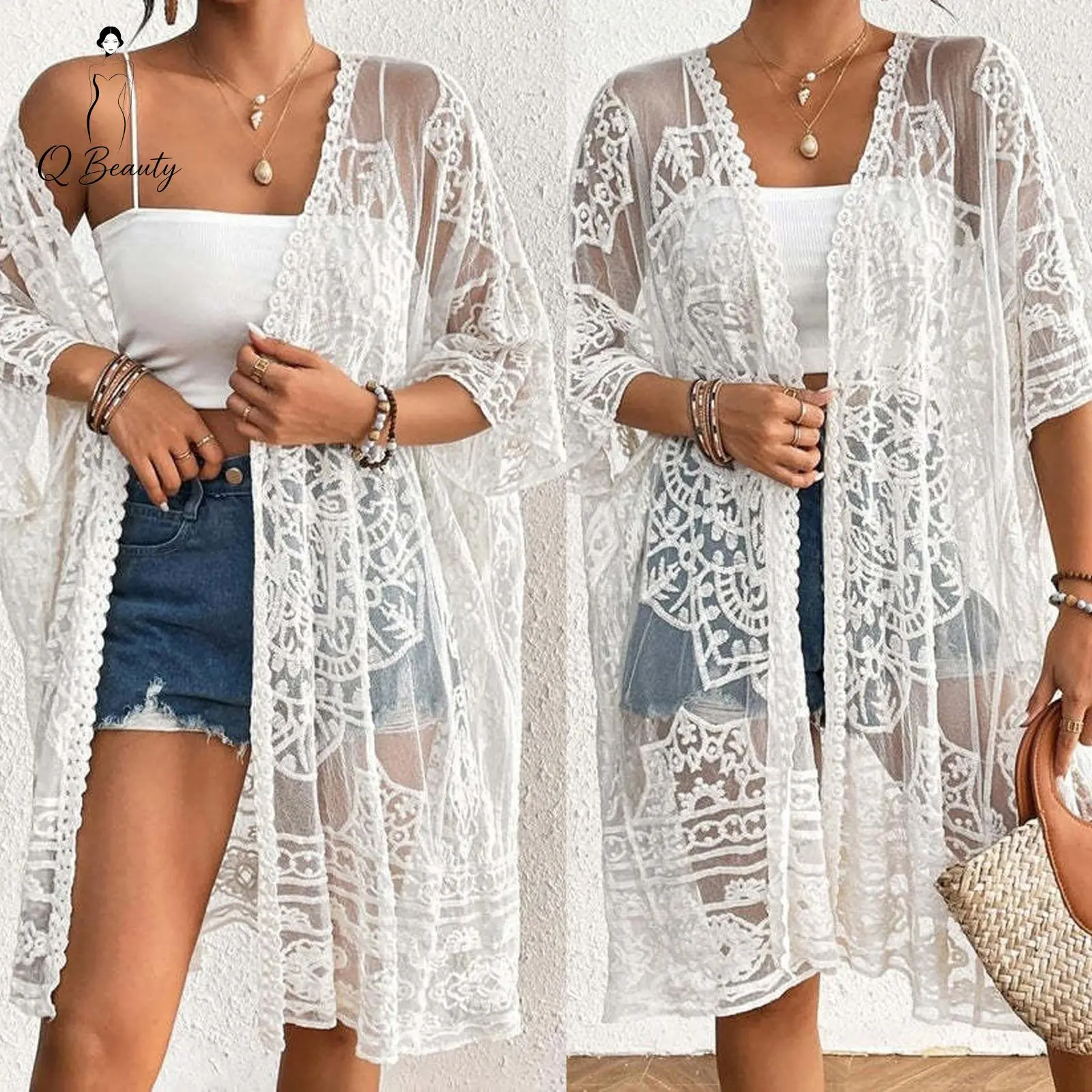 Women's 3/4-Sleeve Lace Open Front Sheer Mesh Crochet Kimono Cardigan, Swimsuit Coverup, Bikini Cover-Up, Coffee & Gray Synthetics (35% Polyester 65% Viscose), One Size Beach Cover-Up