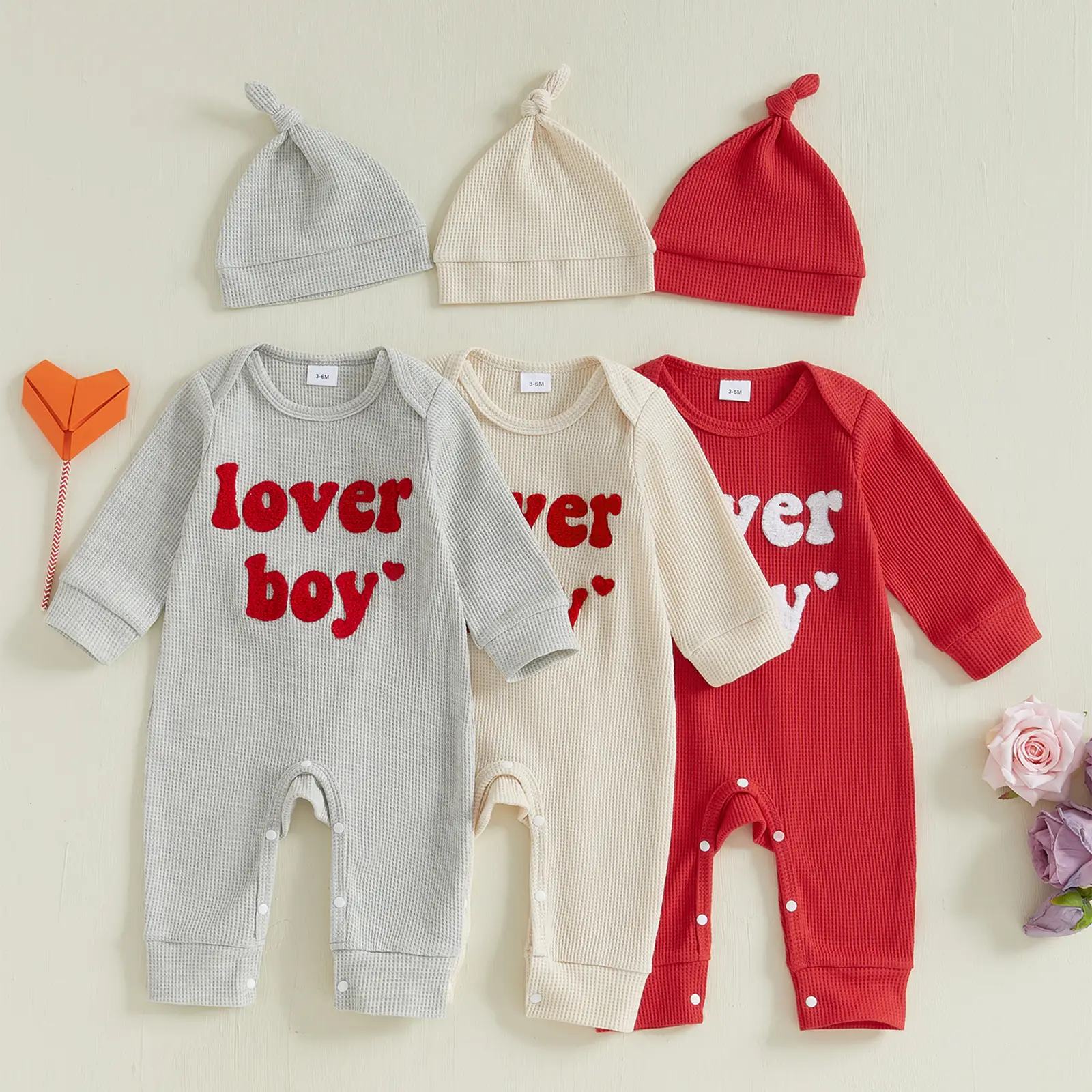 Newborn Baby Boy Valentines Day Outfit Lover Boy Embroidery Waffle Knit Romper Jumpsuit Long Sleeve Bodysuit with Hat Spring Clothes