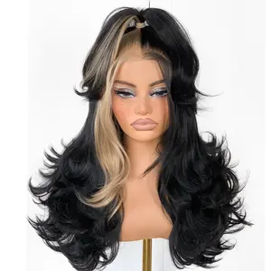 MITIMES Hair Full & Voluminous Feather Layered Hair Pre Plucked 22 inches 13x6 Glueless Synthetic Lace Front Wig Cuting Style Wear and Go Natural Hairline Colored Wig