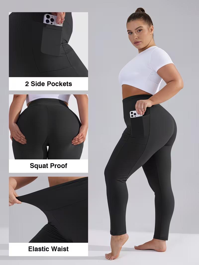 Women's 4-Pack High-Waisted Polyester High-Stretch Leggings with Pockets - Lightweight Athletic Plus-Size Wear for Yoga, Gym Workouts, All Seasons Women's 4-Pack High-Waisted Polyester High-Stretch Leggings with Pockets - Lightweight Athletic Plus-Size Wear for Yoga, Gym Workouts, All Seasons