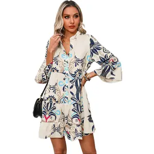 White Printed Tribal Bracelet Sleeve Buttoned Mini Dress 100% Polyester Casual Womenswear for Outings Fashion Style Love Statement Summer Floral