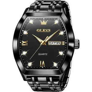 OLEVS Gold Watches for Men Design Diamond Square Tonneau Stainless Steel Waterproof Luminous Unique Luxury Business Day Date Wrist Watches Mens