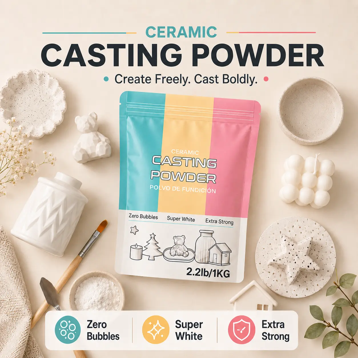 Super White Ceramic Casting Plaster Powder for Silicone Molds, 2.2lb Extra-Strong Bubble-Free DIY Craft Powder for Figurines, Home Decor