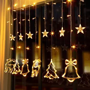 Christmas Led Curtain Lights,  Connectable Christmas Decoration Lights for Indoor Bedroom Wedding Party Wall, Reindeers Bells Stars Rings Ornaments Illuminated Ropes